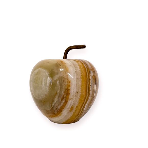 Paperweight Marble Agate Apple Home Decor Brown Cream Color Bands Metal Stem - Picture 2 of 10
